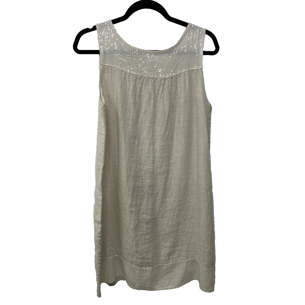 Via SIGNORIA Women’s Day Dress Beige Sequins Sleeveless 100% Linen‎ Italy Size M
